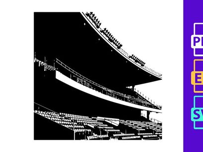 Black and white photograph of empty stadium seating with tiered stands