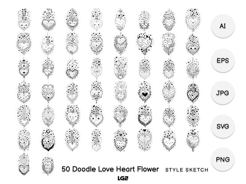 Doodle Love Heart Flower Element Black