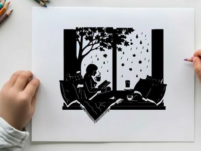 A person sitting by a rainy window reading a book