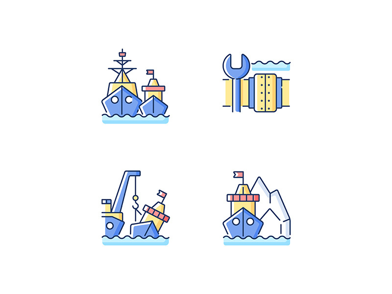 Maritime structures and regulation RGB color icons set