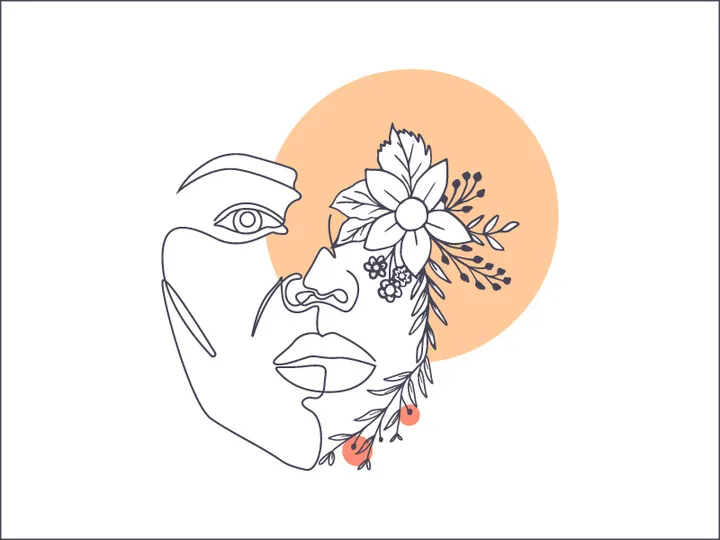 Line art portrait woman, Flower face one line vector illustration