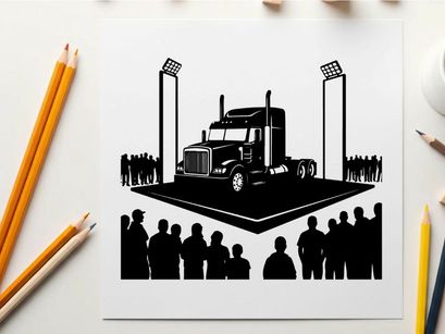 Silhouette of a large truck on display with crowd and stadium lights silhouette