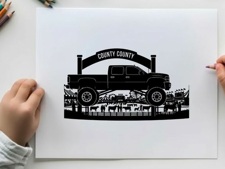 Silhouette of a pickup truck at county cattle farm gate