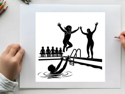 Silhouette of children playing and jumping into a swimming pool