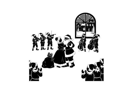 Santa claus silhouette with mrs claus and children on a snowy night