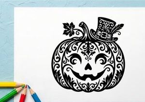 Stylized Halloween Pumpkin with Jack-o'-Lantern Face and Witch Hat