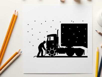Silhouette of a man refueling a large truck on a snowy night