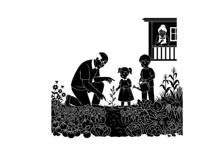 Silhouette of a man and children in a garden with a house