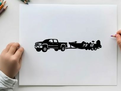 Silhouette of a pickup truck towing a racing boat