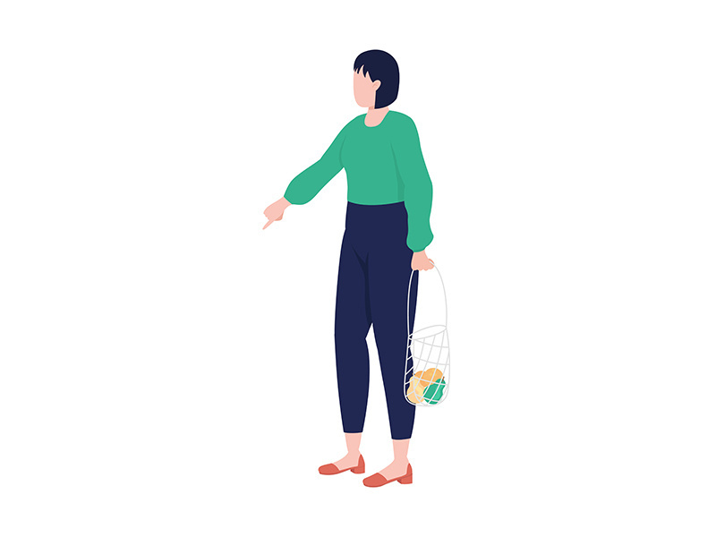Woman with mesh bag semi flat color vector character