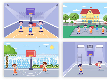 17 Kids Cartoon Playing Basketball Flat Illustration