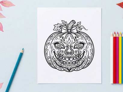 Halloween pumpkin coloring page. Decorative jack-o-lantern line art for autumn activities.