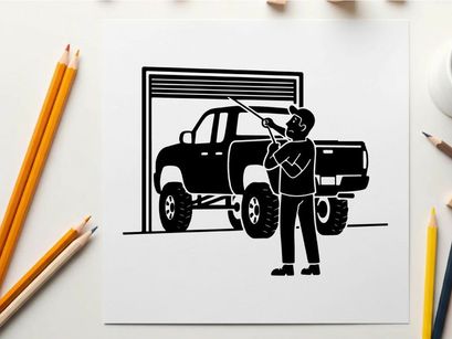 Silhouette of a man standing next to a large pickup truck in a garage