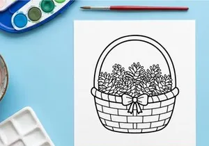Black and white line art of a wicker basket filled with pinecones