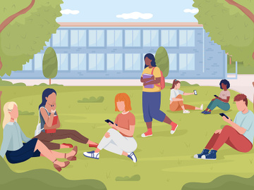Students resting on garden lawn near college flat color vector illustration preview picture