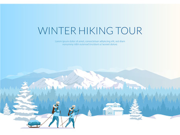 Winter hiking tour banner flat vector template preview picture