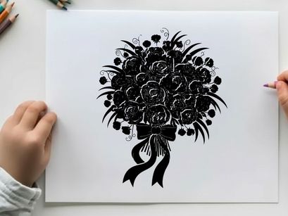 Silhouette of a beautiful bouquet of flowers with ribbon