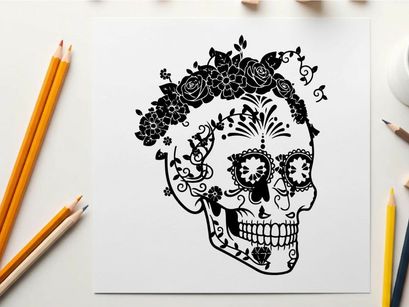Day of the dead sugar skull silhouette with floral crown
