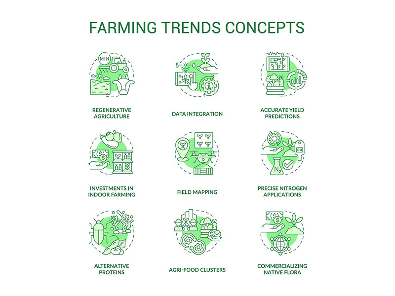 Farming trends green concept icons set