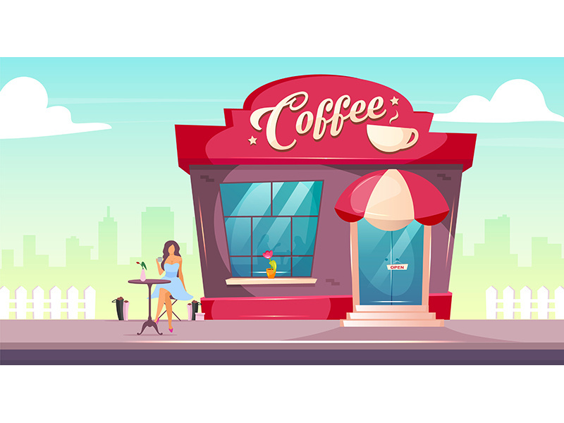 Coffeeshop on sidewalk flat color vector illustration