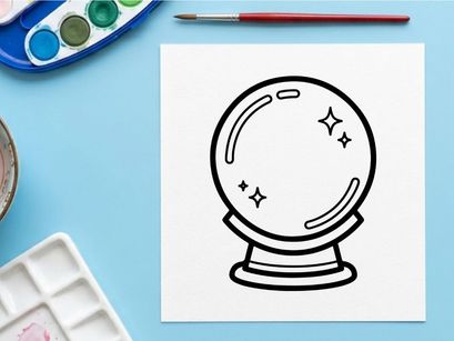 Hand-drawn Halloween crystal ball with mystical symbols. Vintage fortune-telling orb featuring stars, moons, and spooky swirls for divination.