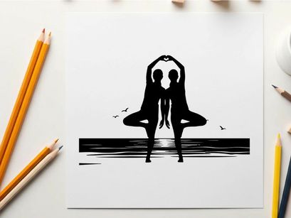 Silhouette of two people in yoga pose at sunset