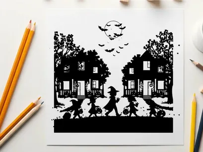 Halloween scene with children trick or treating on a spooky autumn night