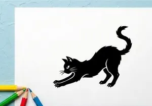 Black Cat Stretching Playfully on White Background
