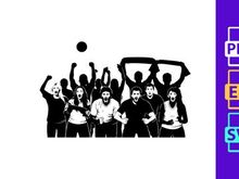 Black and white illustration of a cheering sports team with raised arms