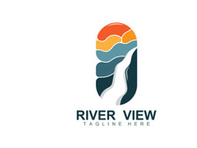 River Logo Design, River Creek Vector, Riverside Illustration With A Combination Of Mountains And Nature, Product Brand
