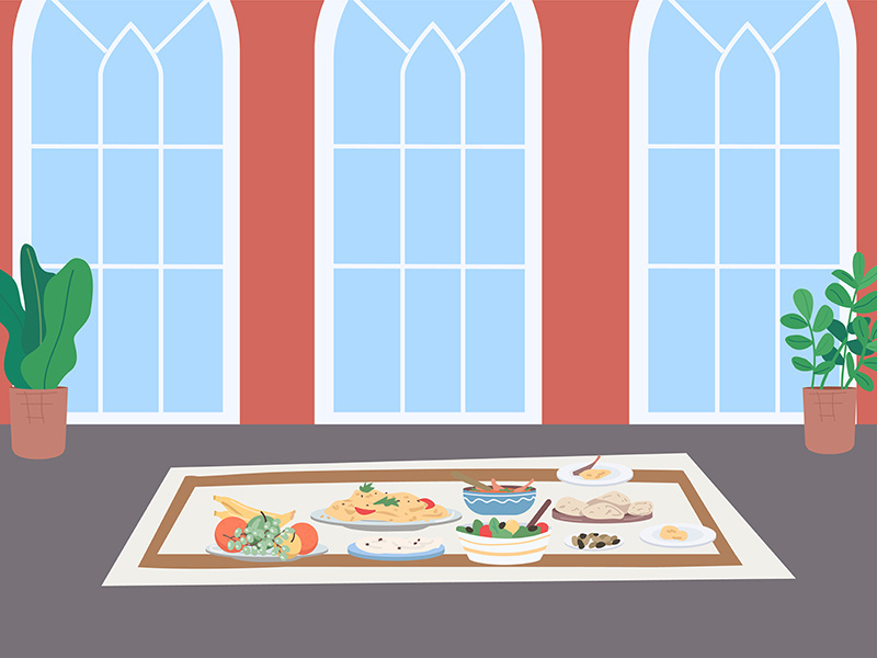Muslim traditional dinner flat color vector illustration