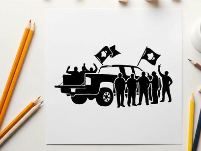 Silhouette of people with flags standing next to a truck