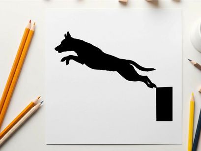 Dog jumping silhouette in mid air against white background