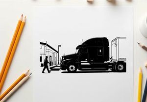 Silhouette of a semi truck parked beside a building with a pedestrian