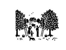 Family harvesting apples in orchard silhouette