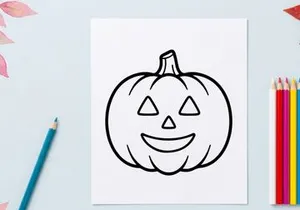 Hand-drawn Halloween pumpkin jack-o-lantern smiling face illustration. Cute black and white sketch of carved autumn squash with triangle eyes and t...