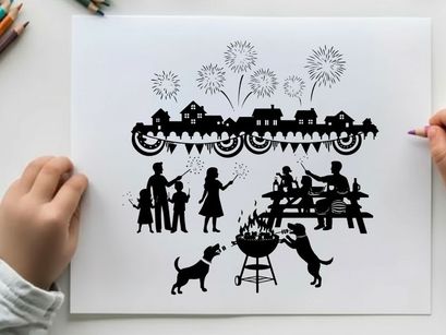 4th of july celebration silhouette with fireworks and family fun