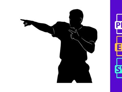 A black silhouette of a man pointing to the left with his right hand
