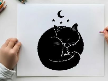 Sleeping cat silhouette under starry night sky