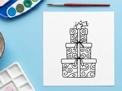 Stack of Christmas gift boxes with ribbons and star topper, black and white line art.