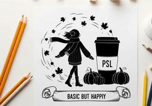 Silhouette of a woman enjoying fall with psl and pumpkins silhouette