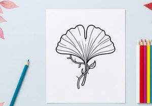 Elegant fan-shaped leaf with delicate veins. Artistic botanical illustration showcasing natural beauty and intricate details.