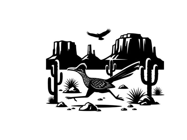 Desert landscape with roadrunner silhouette and cacti plants