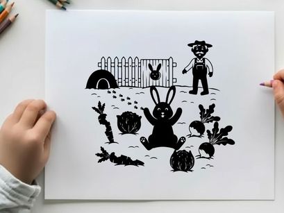 Silhouette of a rabbit and farmer in a garden scene