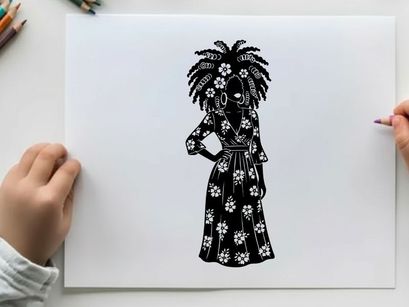 Silhouette of a woman in a floral dress and headdress