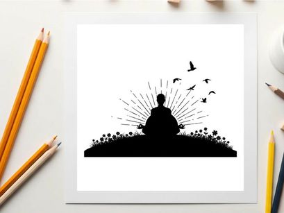 Serene silhouette of a person meditating in nature with birds flying free