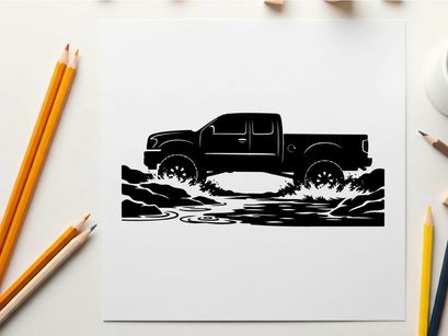 Silhouette of a pickup truck driving through water