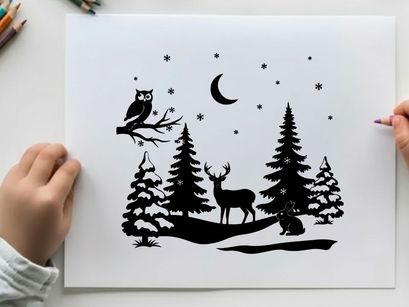 Winter forest silhouette with deer owl and rabbit under moonlight