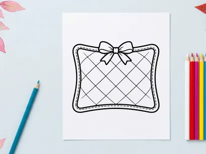 Quilted Christmas gift tag or label with a decorative bow in a simple line art style.