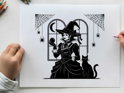 Silhouette of a witch and her black cat by a moonlit window